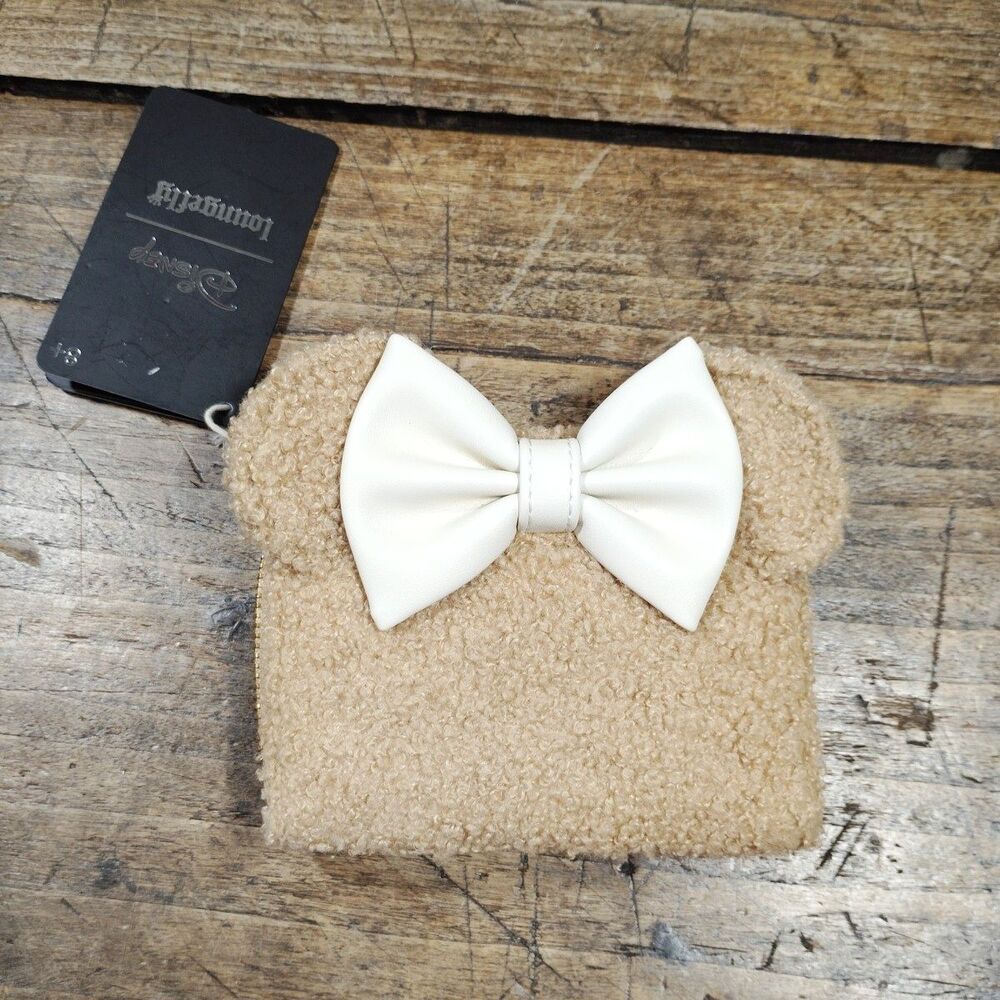 Loungefly Minnie Mouse Small Zip-Around Sherpa  Wallet Beige Bow & Ears NEW NWT
